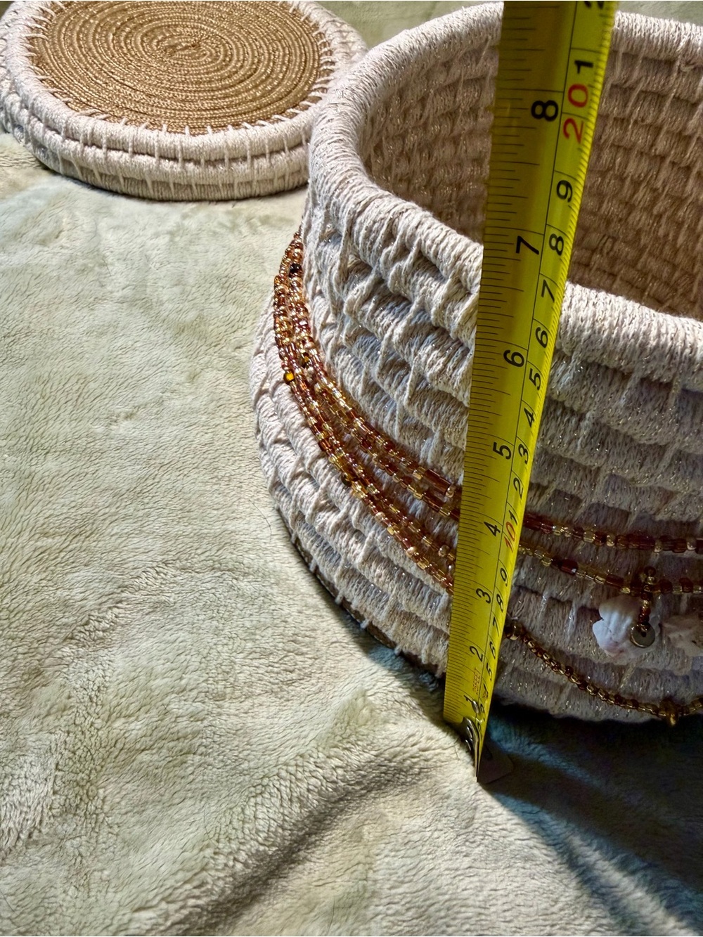 Handmade Art Coiled Basket  with Lid and embellishments of beading and shells - Picture 14 of 15